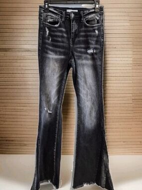 Flying Monkey Faded Black Distressed Flare Jeans Split Hem Size 26